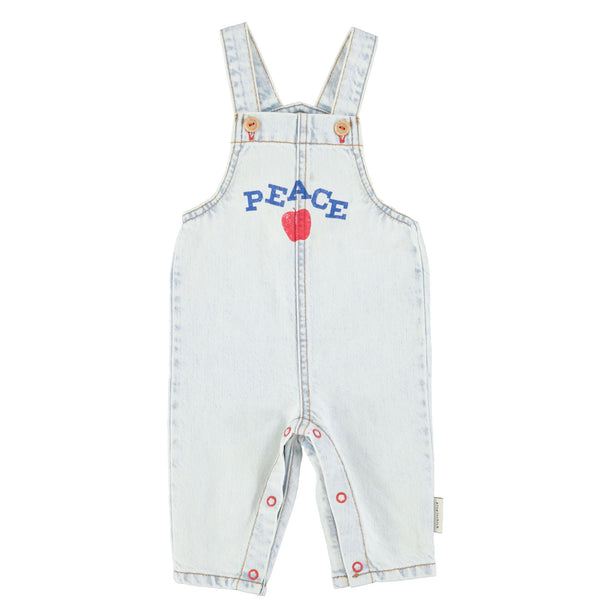 Piupiuchick Baby Dungarees Washed Light Blue Denim W/ "Peace" Print