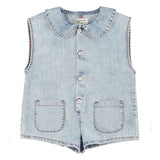 Piupiuchick Short Sleeveless Jumpsuit Blue Light Denim W/ Apple Print