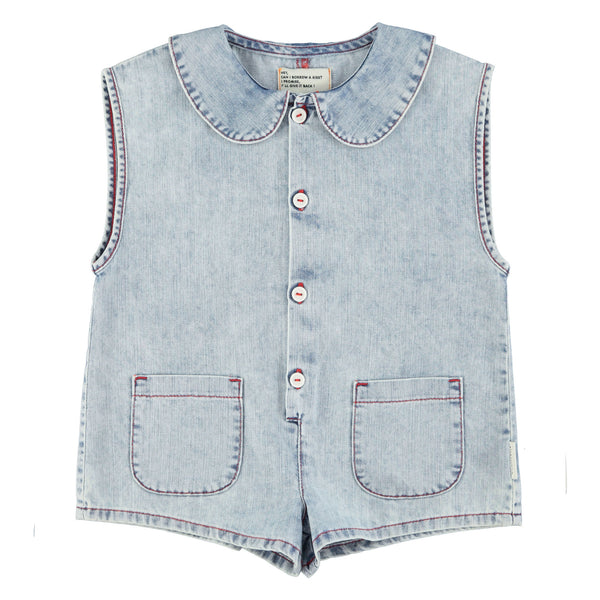 Piupiuchick Short Sleeveless Jumpsuit Blue Light Denim W/ Apple Print