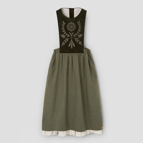Popelin midi dress moss green with embroidered bib || 102.1