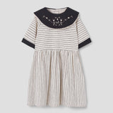 Popelin Black Striped Short Dress With Embroidered Bib Collar ||41.4