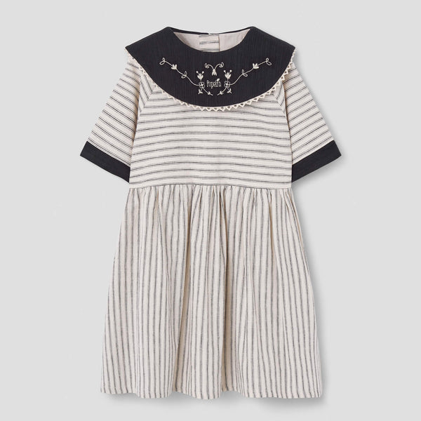 Popelin Black Striped Short Dress With Embroidered Bib Collar ||41.4