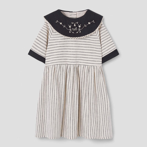 Popelin Black Striped Short Dress With Embroidered Bib Collar ||41.4