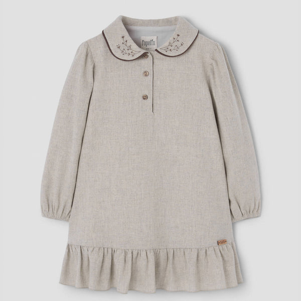 Popelin short dress sand with embroidered baby collar || 41.1