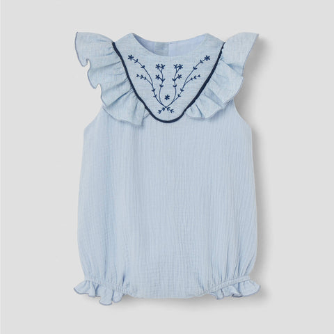 Popelin Blue Romper Suit With Embroidered Yoke ||1.3