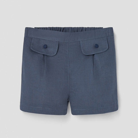 Popelin Slate Blue Linen Shorts With Flaps ||30.5