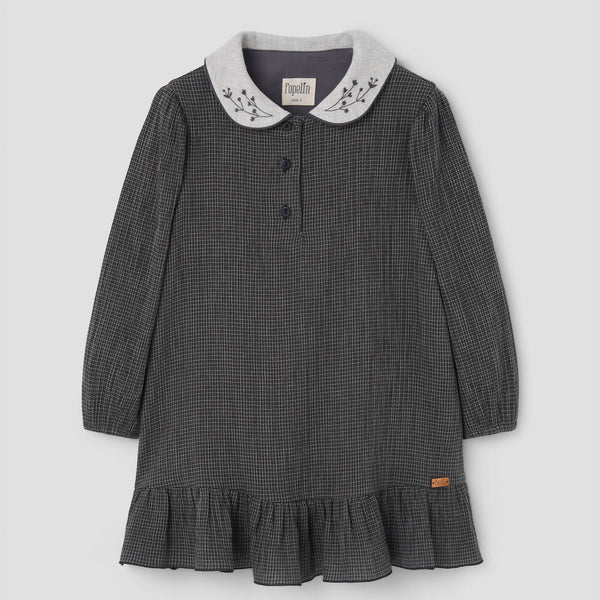 Popelin short dress black gingham with embroidered baby collar || 41.4