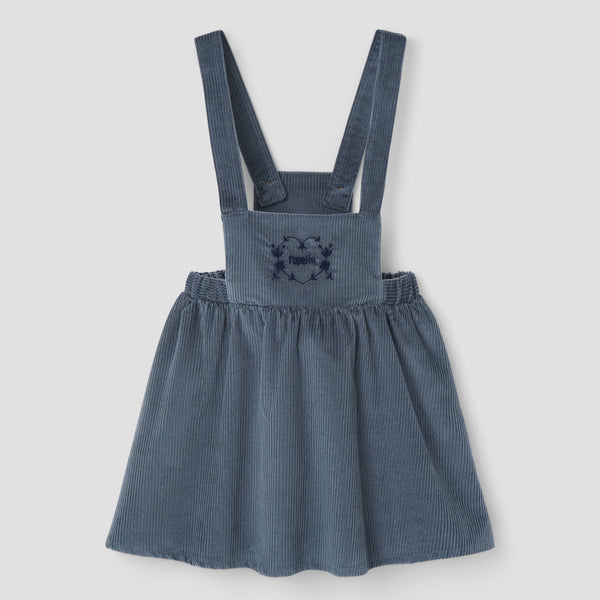 Popelin short dress grey-blue corduroy with embroidered bib || 43.2