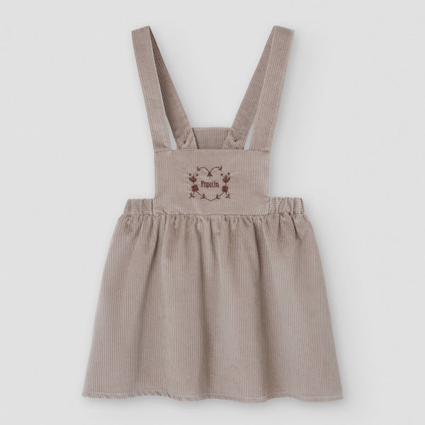 Popelin short dress taupe corduroy with embroidered bib || 43.1