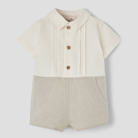 Popelin Sand Oxford Two-Tone Jumpsuit With Shirt Collar ||8.1