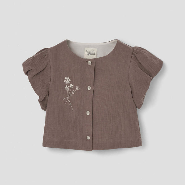 Popelin Brown Embroidered Blouse With Puffed Sleeves ||15.4