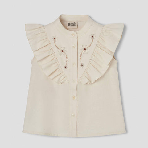 Popelin Blouse With Frill And Multicolored Embroidered Yoke ||14.2