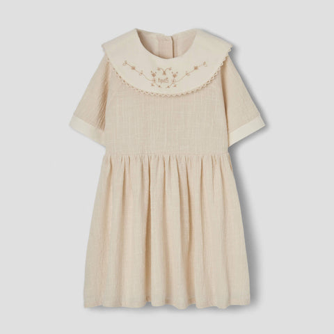 Popelin Off-White Short Dress With Embroidered Bib Collar ||41.1
