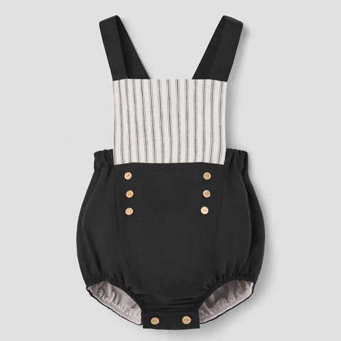 Popelin Black Linen Dungarees With Straps ||7.4