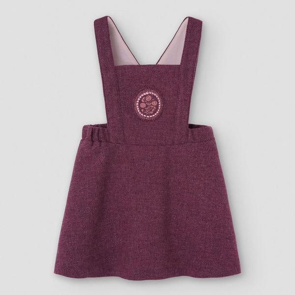 Popelin short dress wine red woollen with embroidered bib yoke || 42.3
