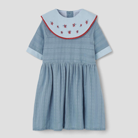 Popelin Blue Short Dress With Embroidered Bib Collar ||41.3