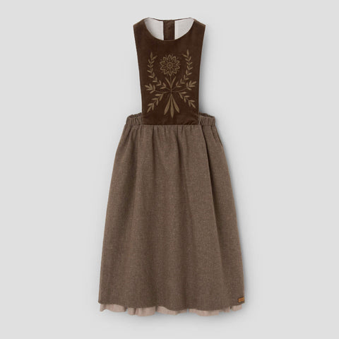 Popelin midi dress brown with embroidered bib || 102.2