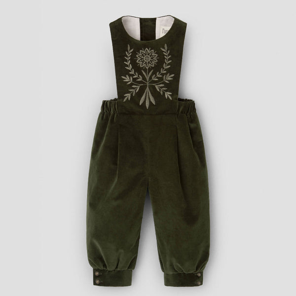 Popelin romper moss green velvet with embroidered bib || 100.1
