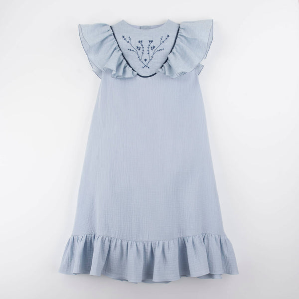 Popelin Blue Midi Dress With Embroidered Yoke ||40.7