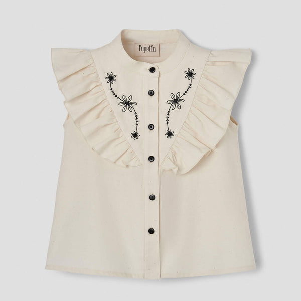 Popelin Blouse With Frill And Black Embroidered Yoke ||14.3