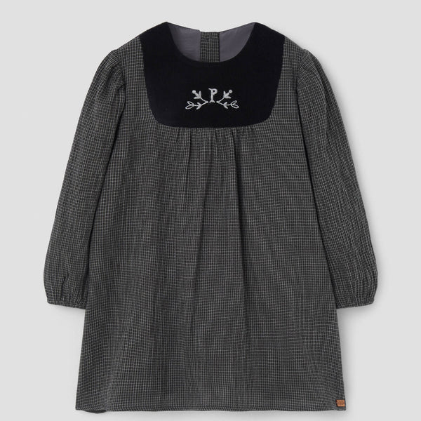 Popelin short dress black gingham with embroidered yoke || 40.4