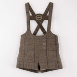 Popelin Brown Herringbone Woollen Short Dungarees With Embroidery Applique