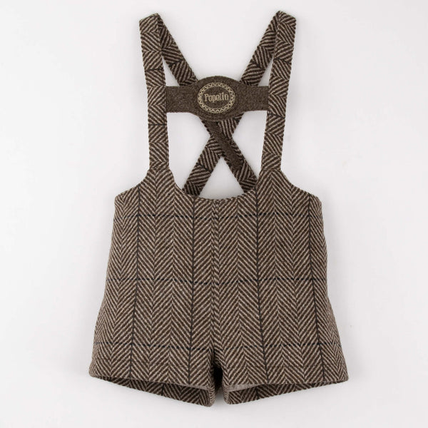 Popelin Brown Herringbone Woollen Short Dungarees With Embroidery Applique