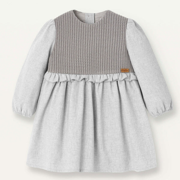 Popelin Grey Melange Dress With Knitted Yoke