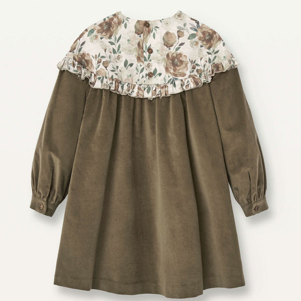 Popelin Green Velvet Dress With Floral Yoke
