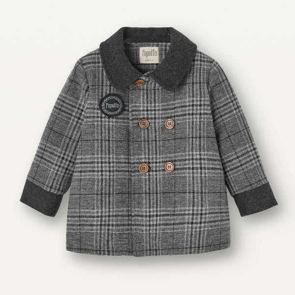 Popelin Grey Plaid Woollen Double Breasted Coat