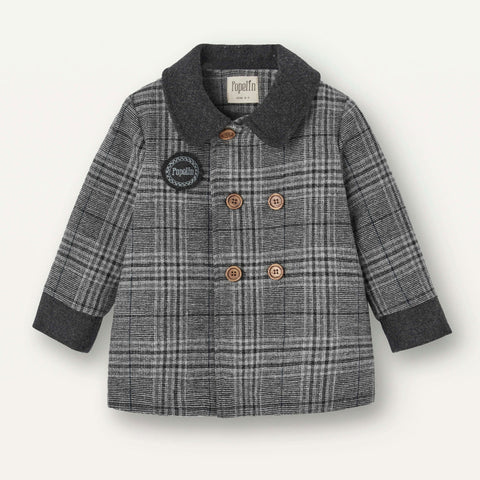 Popelin Grey Plaid Woollen Double Breasted Coat