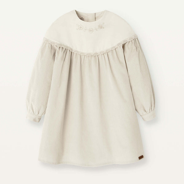 Popelin Off White Corduroy Dress With Embroidered Yoke