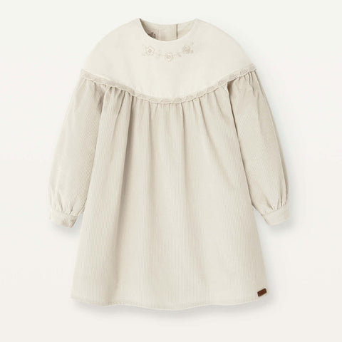 Popelin Off White Corduroy Dress With Embroidered Yoke