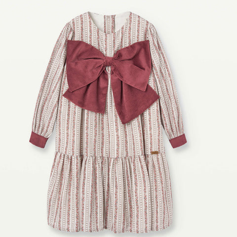 Popelin Burgundy Flower Print Dress With Bow