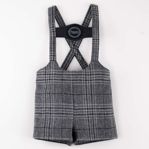 Popelin Grey Plaid Woollen Short Dungarees With Embroidery Applique