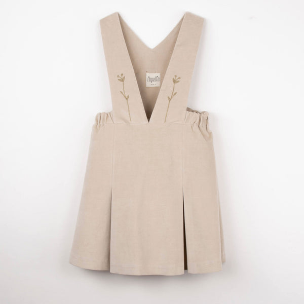 Popelin Beige Velvet Short  Dress With Bib And Embroidered Straps