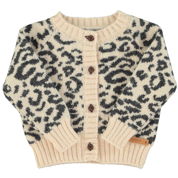 Piupiuchick Knitted Baby Cardigan Light Pink Black Animal Print