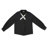 Coco Blanc Front Pleat Blouse Cream Collar  Black