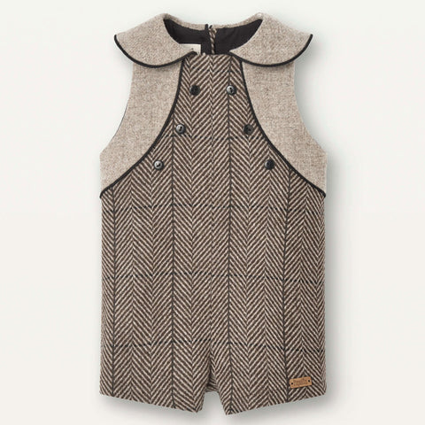 Popelin Brown Herringbone Woollen Dungarees With Baby Collar