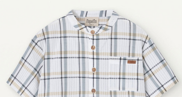 Popelin Blue Plaid Mandarin Collar Shirt