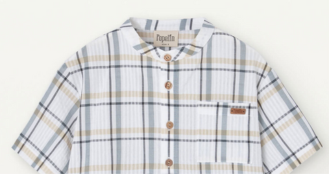 Popelin Blue Plaid Mandarin Collar Shirt