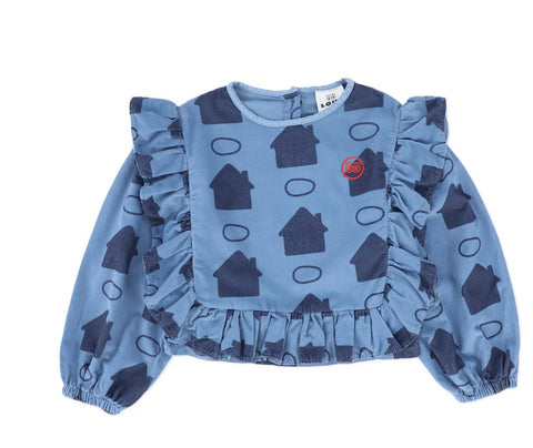 Loud Apparel Care Top Ruffles Sky Blue Houses Aop