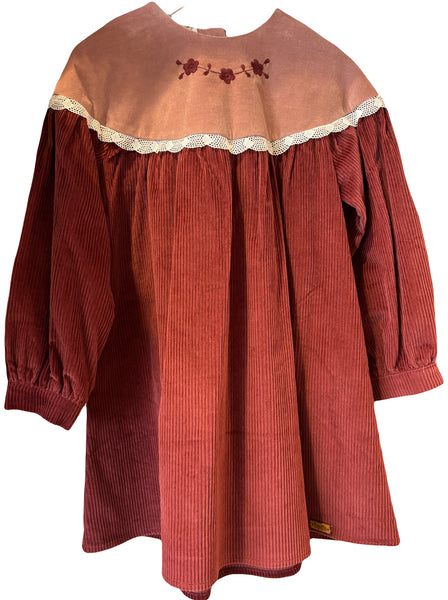 Popelin Burgundy Velvet Dress With Floral Yoke