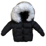 SCOTCH BONNET BASIC BABY BLACK COAT WHITE W/BLACK TIPS FUR W/MITTENS