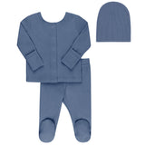 Ely’s & Co Ribbed Cardigan Set - Blue - 2 Pc Footed Baby Set + Beanie