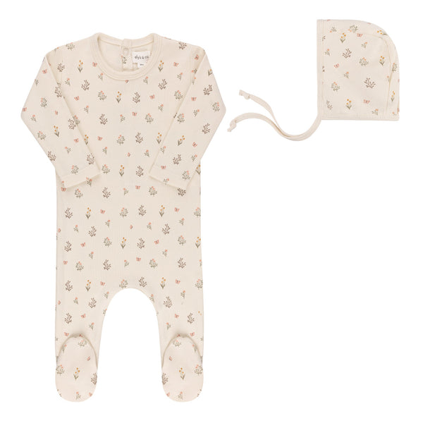 Ely’s & Co Garden Floral Print Collection - Ivory Girl - Footie + Bonnet