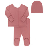 Ely’s & Co Ribbed Cardigan Set - Pink - 2 Pc Footed Baby Set + Beanie